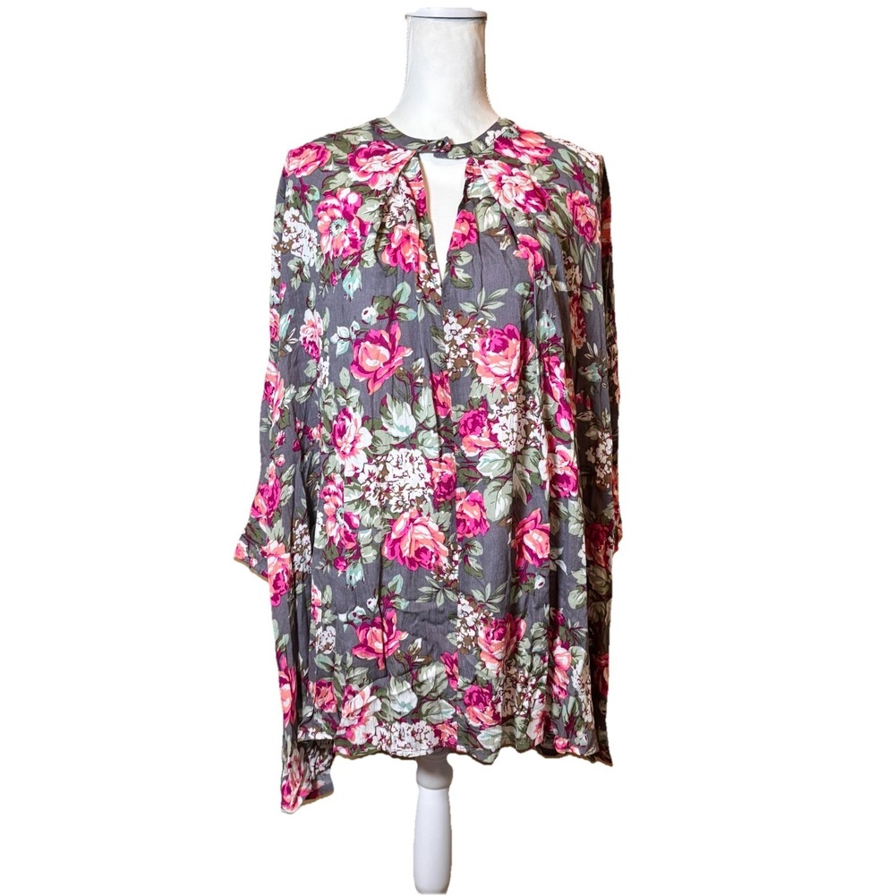 Umgee Floral Boho Tunic Dress Small Gray Pink Keyhole Neck Bell Sleeve